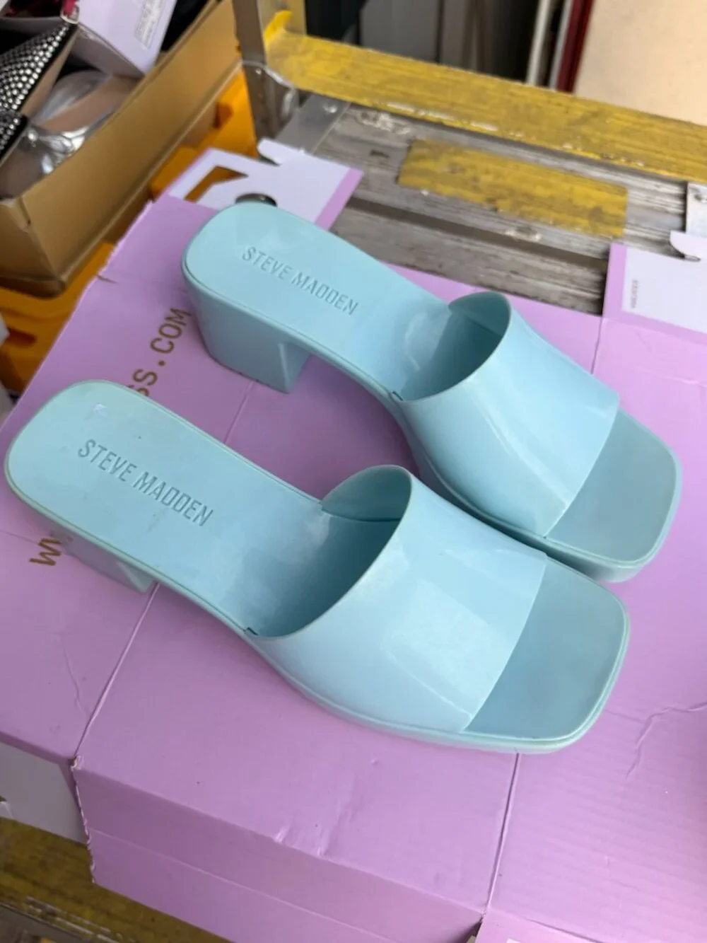 Steve Madden Harlin Light Blue Block Heel Slide Sandals Size 8M